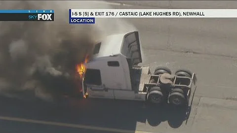 Big rig in police chase completely destroyed after catching fire on 5 Freeway in LA County
