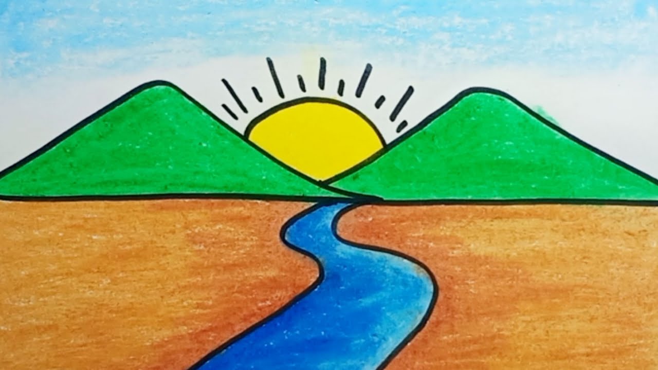 how to draw Mountain and river for kids | Beginners Mountain Landscape  Drawing - YouTube