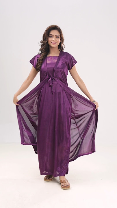 Womens Satin Nightgown And Robe Set – Purple Color #nightwear #fashion #nightsuitset #nighty