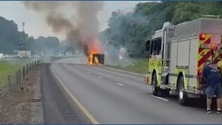 Fireworks from a vehicle fire shoot across the interstate in Chattanooga, Tennessee.