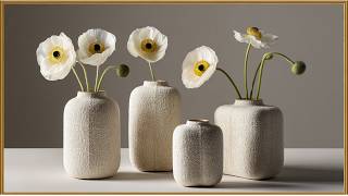 Minimalist White Poppy Vase Wall Art | Elegant Ceramic Vase Floral Decor with Gold Frame