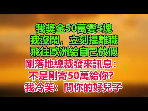我獎金50萬變5塊，我沒鬧，立刻提離職。飛往歐洲給自己放假。剛落地總裁發來訊息：不是剛寄50萬給你？我冷笑：問你的好兒子！#人生故事 #職場