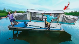 Camping In My Homemade POP UP CAMPER Pontoon Boat!!