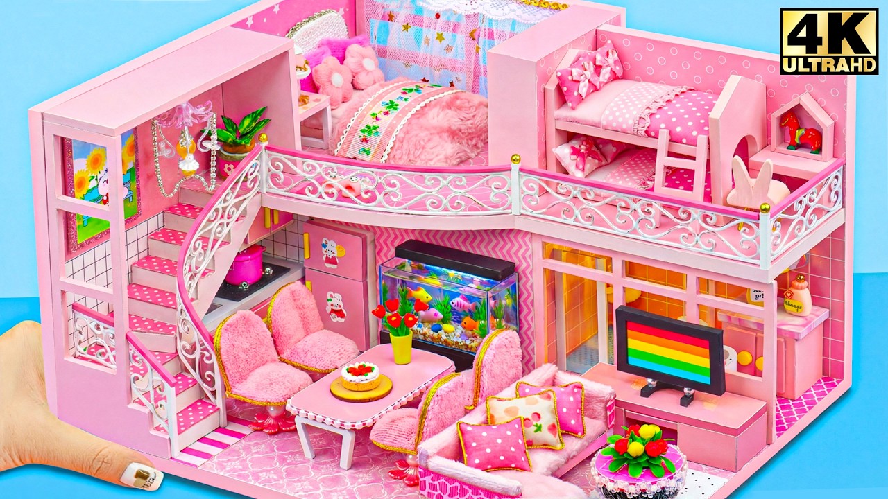 Make Elegant Pink Loft Miniature House with Two Bedroom, Curved Stairs ❤️ DIY Miniature House
