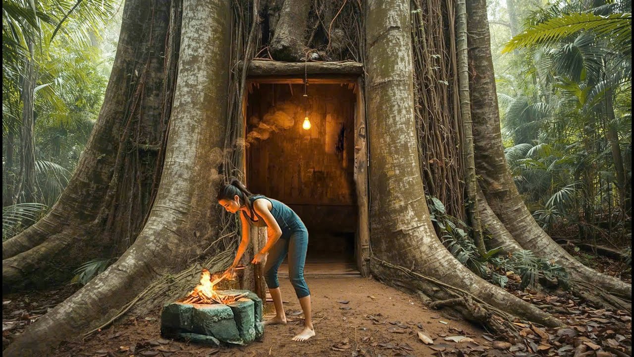 Living Inside a Giant Tree: Girl’s Survival Shelter, Fish Trap & Cooking