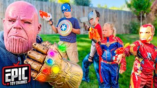 Nerf Battle:  Avengers vs Thanos - Pretend Play for Kids