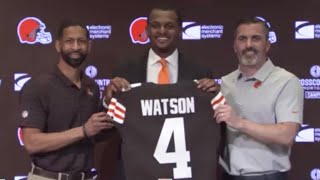 Deshaun Watson answers media questions at his introductory press conference for the Cleveland Browns