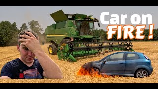 Auto AFGEBRAND tijdens filmen grootste COMBINE van Nederland! - Car on fire while filming combine.-