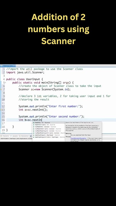 Addition of 2 numbers (with user input) in Java using Scanner #shorts ...