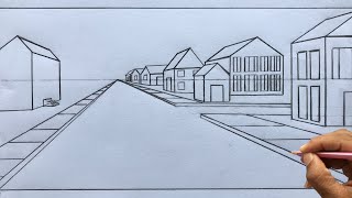 How to Draw using 1-Point Perspective: Draw a Town Step-by-step for Beginners