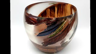 'Phoenix Flyby' wood and resin vase with Macaw feathers.  Wood and Resin Lathe Turning Project.