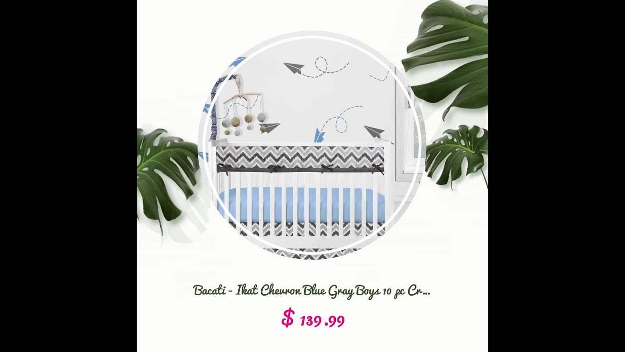 Bacati - Ikat Chevron Blue Gray Boys 10 pc Crib Bedding Set with Crib Rail Cover