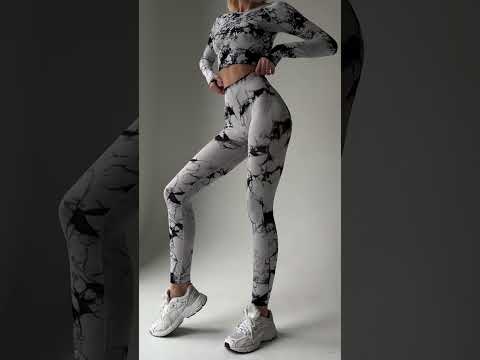 Спортивний жіночий костюм Marble мармуровий (рашгард, легінси) біло-чорний безшовний тай-дай з пуш-ап (двійка) для фітнесу, йоги, видео 1
