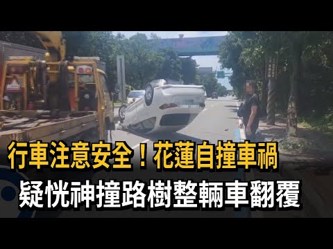 行車注意安全！花蓮自撞車禍　疑恍神撞路樹整輛車翻覆－民視新聞