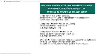 Wie fügt man die neue E-Mail zur Liste der vertrauenswürdigen Quellen für Send-to-PocketBook hinzu?