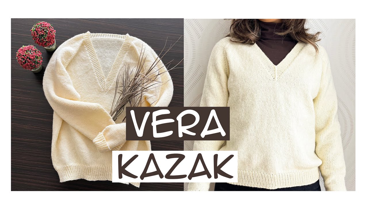 Vera Kazak | Yakadan Başlanan V Yakalı Dikişsiz Yetişkin Kazağı | Knitting V-Neck Top Down Sweater