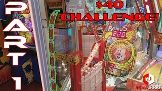 Part 1 of 2 | $40 Coin Pusher Challenge! | Ticket Circus at Six Flags Arcade | Bonus Jackpot Wins!