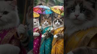 Fluffy cats in colorful sarees perform a synchronized umbrella dance in the rain#shorts