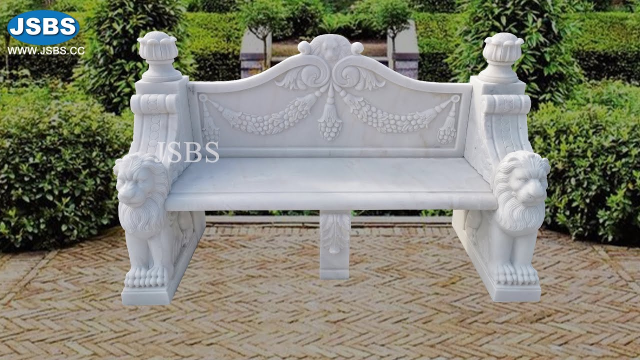 White marble carved stone winged lion armrests scrolls garden bench seat with back ideas outdoor