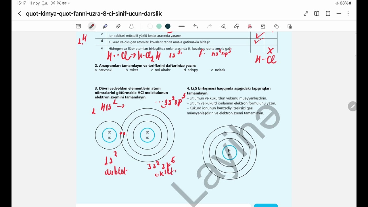 8-ci sinif dərslik Kimyavi rabitə mövzusu(Ümumiləşdirici tapşiriqlar və xulasə)