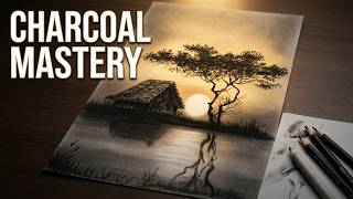 Full tutorial video drawing a beautiful sunset scene with charcoal pencil(soft) screenshot 1