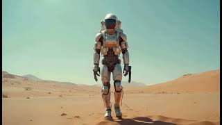 The scene depicts a humanoid robot walking through a vast desert