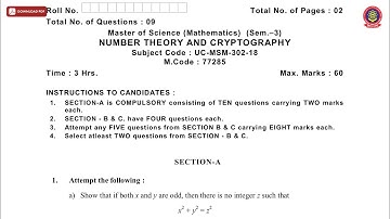 MSC 3RD SEM MATHEMATICS NUMBER THEORY AND CRYPTOGRAPHY NOV 2019 | PTU