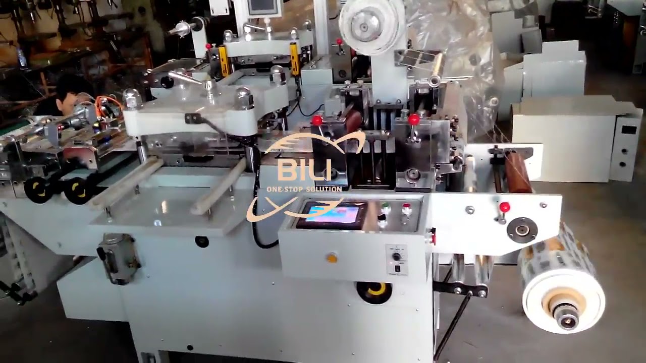 Flat bed roll to roll adhesive label sticker die cutting machine - YouTube