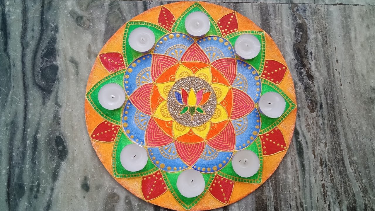Mandala rangoli with 3D cone outliner & acrylic colours on CD or wooden