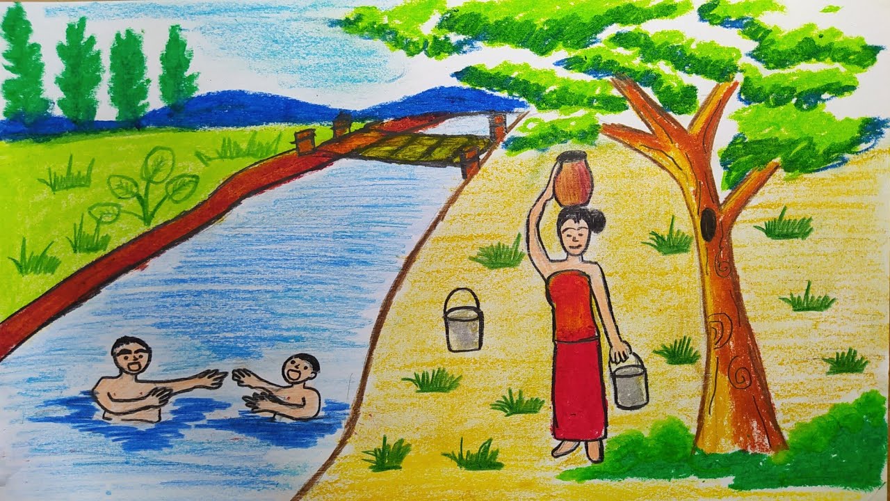 How To Draw Scenery Childern Bathe in the river | Traditional culture ...