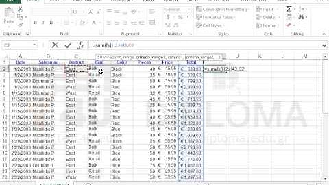 Use the SUMIFS function to calculate the sum of a cell range using multiple criteria (Excel 2013)