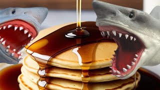 Shark puppet and pancakes behind the scenes
