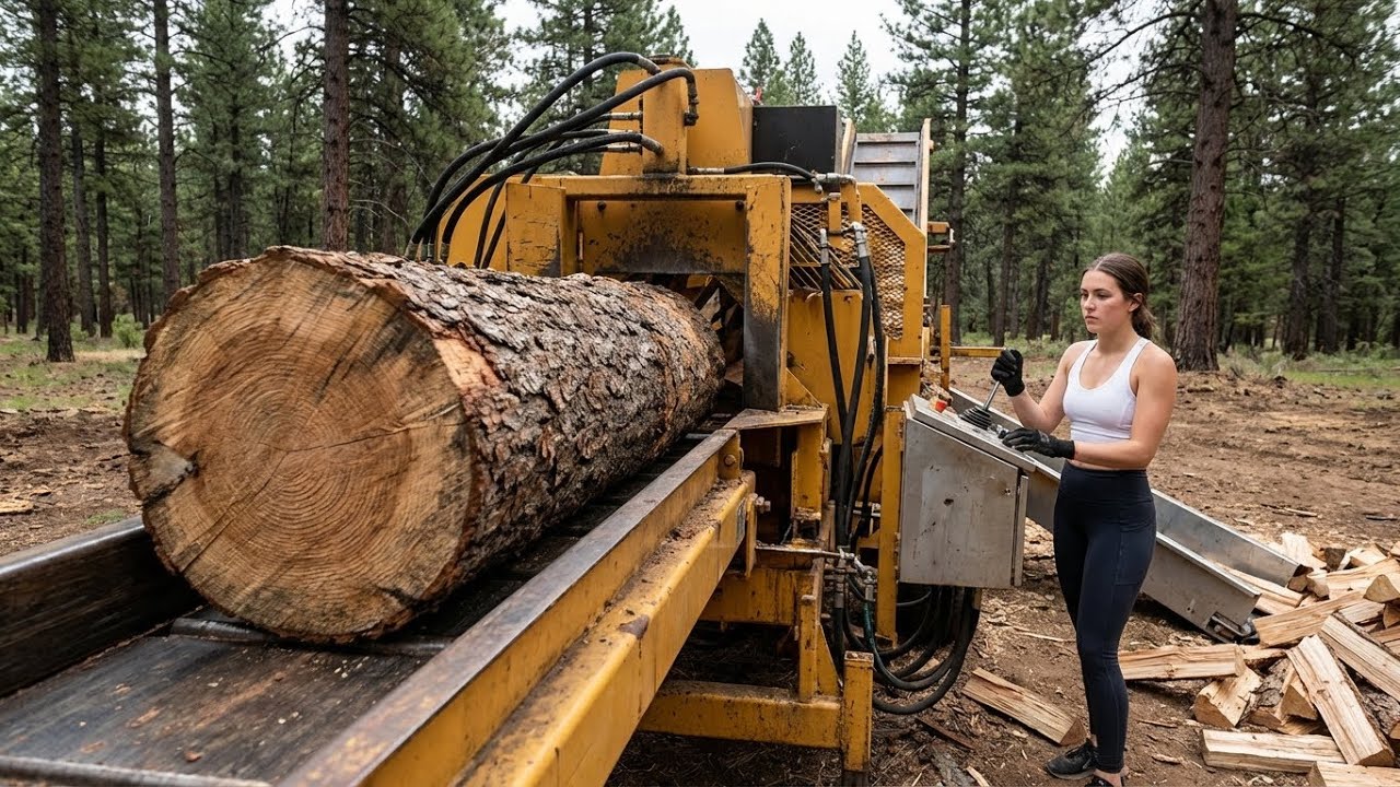 Самая быстрая и крупная машина для обработки дров. Опасные станки для распиловки деревьев с бензо...