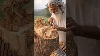 Living Village Inside a Tree Stump 😱 Incredible Wood Carving by Village Artisan#ytshorts #ai