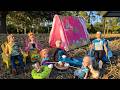 Family Camping! Elsa &amp; Anna toddlers - tent - marshmallows - Barbie dolls