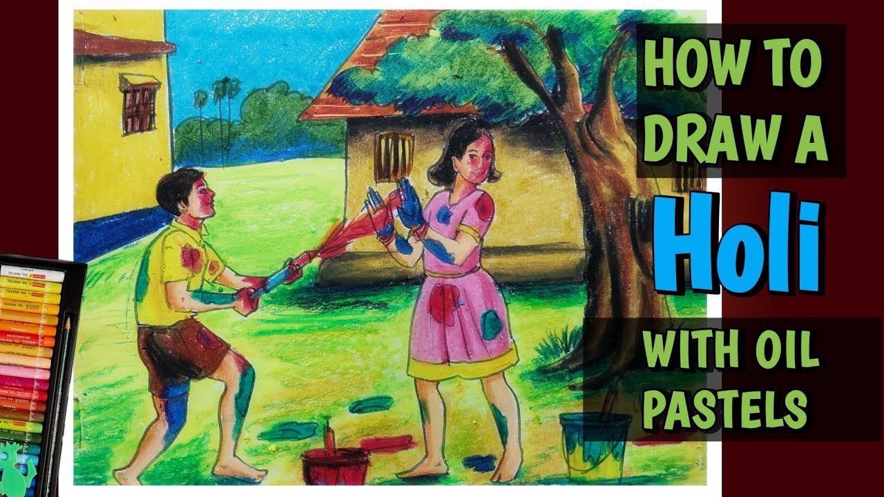 Easy Holi festival drawing step-by-step/Holi festival Scenery Drawing 