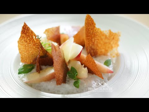 Nectarine tapioca pudding with nectarine marmalade and gavotte crisps, from the video