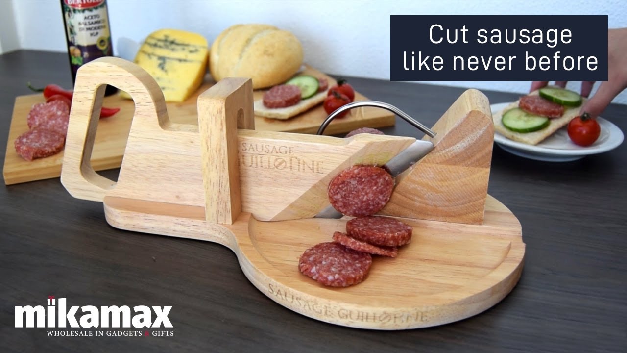 Sausage cutter CHIUSING Premium Sausage Salami Guillotine Slicer- Rustic  Wooden Design & Sharp Stainless Steel Blade For Slicing Chorizo, Pepperoni  