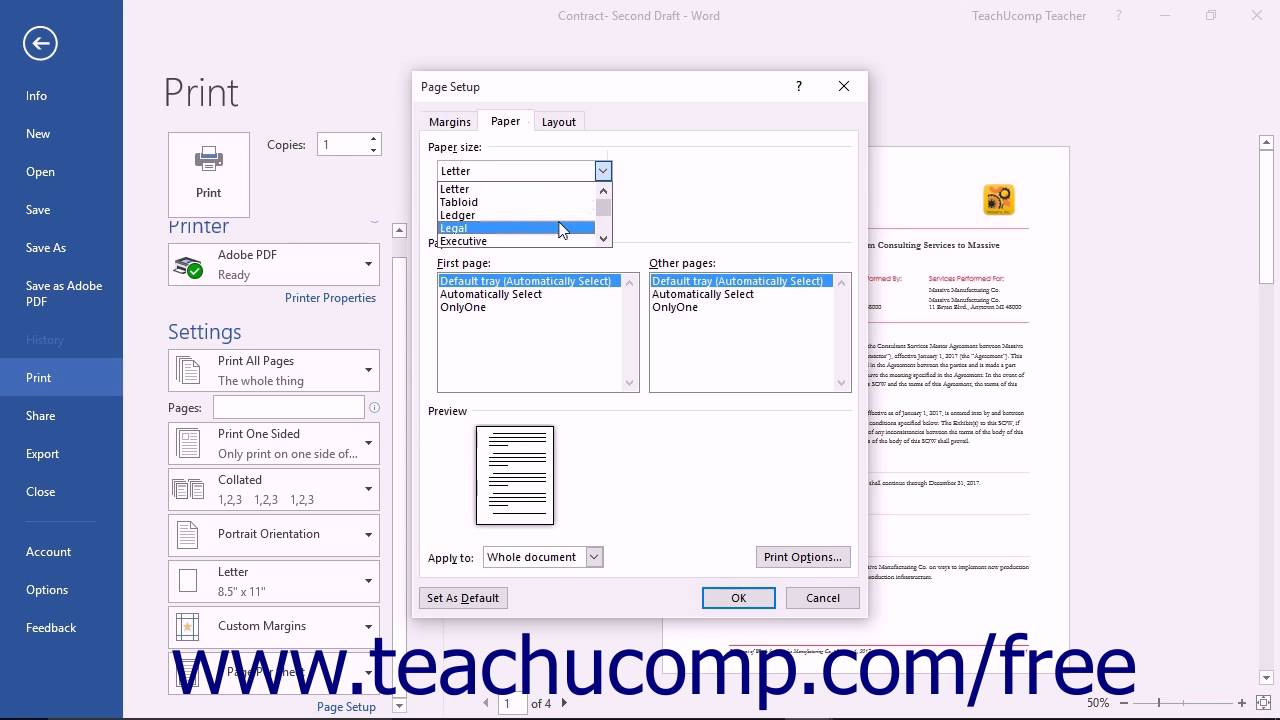 microsoft word 2016 training for lawyers printing on legal paper