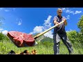 Rustic steak fried on a Shovel in Oil! Picnic in Nature