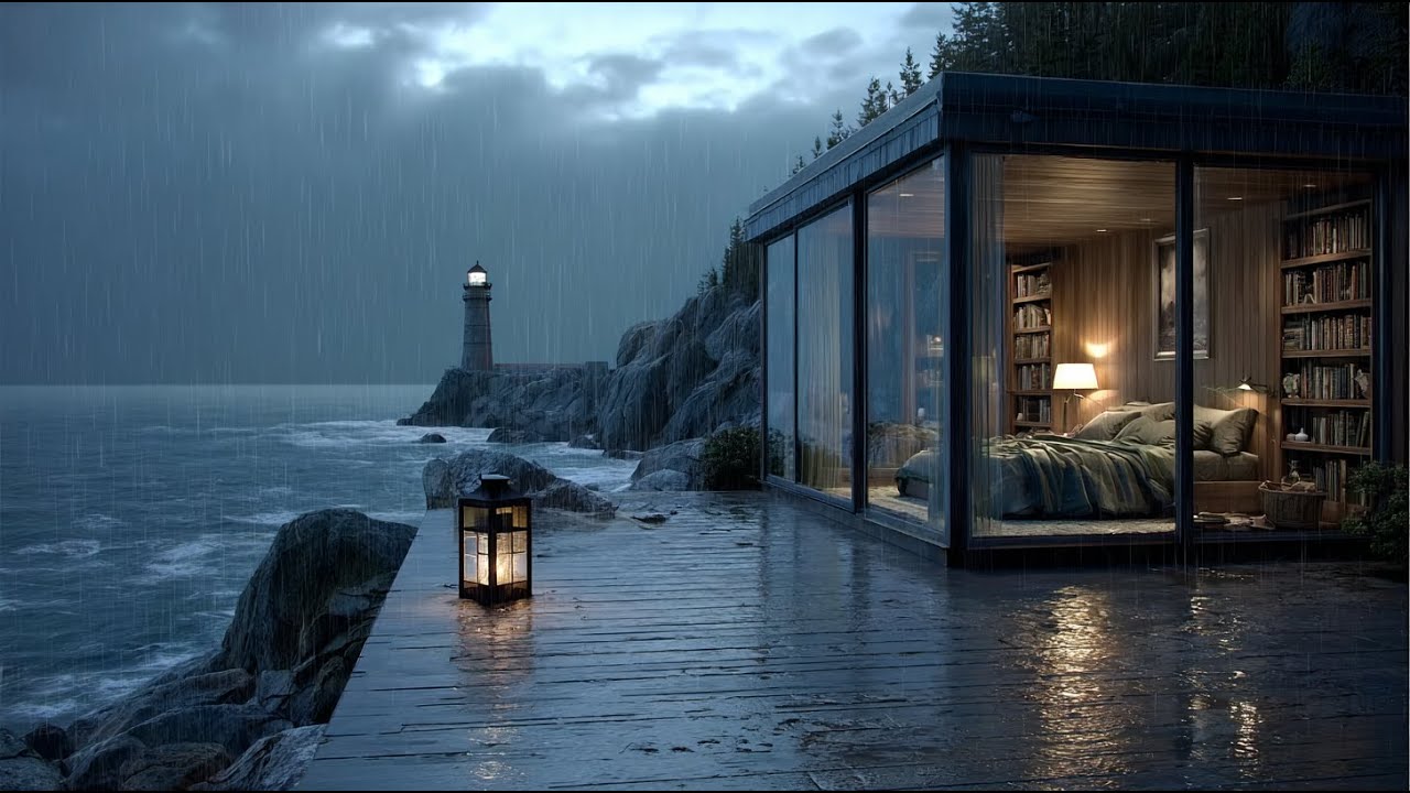 🌧️ Cozy Rainy Night in a Glass Cabin by the Ocean 🌊 | Relaxing Rain ...