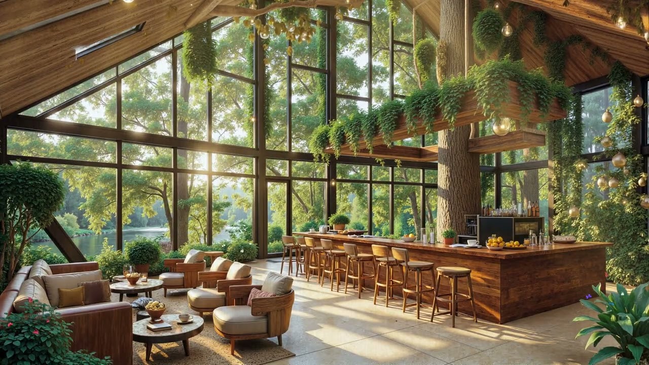 Smooth Jazz Coffee Shop Ambience in a Glass House Cabin | Peaceful Riverside Music for Work , Study