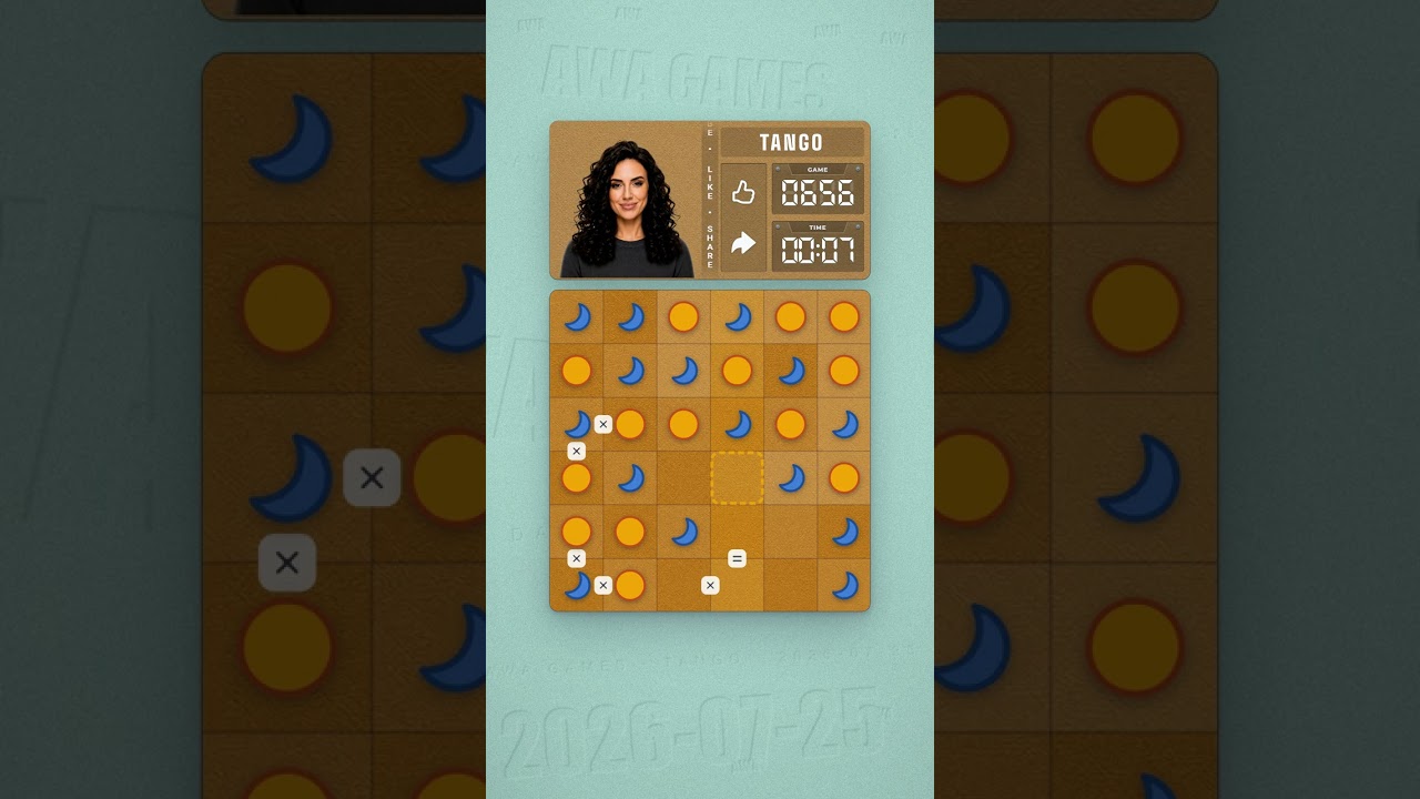 LinkedIn Tango #656 solved board for July 25, 2026, 6x6 grid