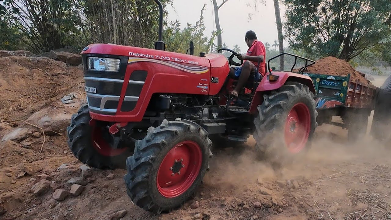 Jcb 3dx goes to loading Rock stone with Mahindra yuvo tech plus 585 tractor and trolley performance