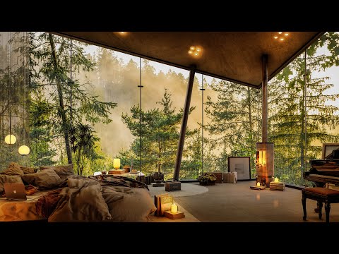 🌤️ Early Morning Bedroom in Forest with Slow Piano Jazz Music ☕ - Relaxing Jazz for Work , Study