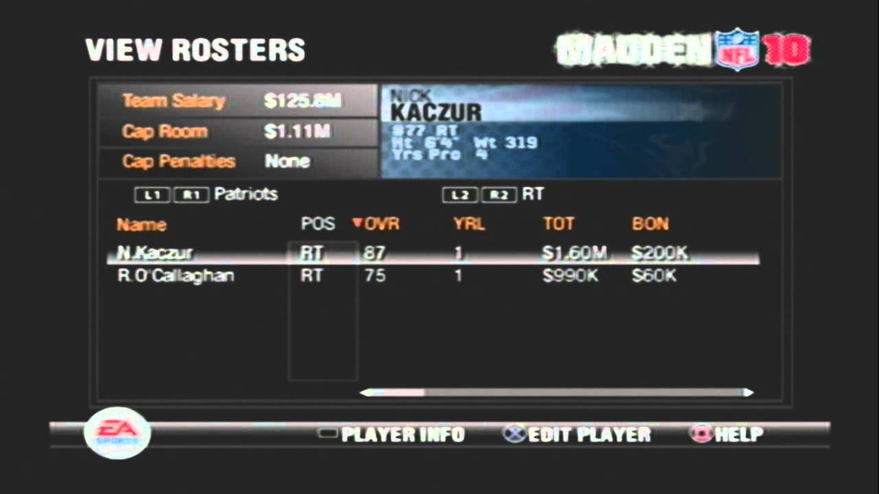 2009 -10- Retro NFL Rosters New England Patriots Team Roster Madden NFL 2010