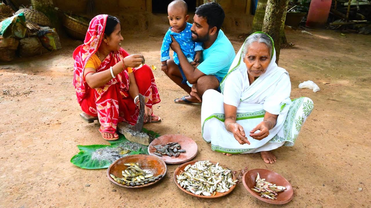 Collect different type of tinny fish and cooking in village style | village fishing and cooking