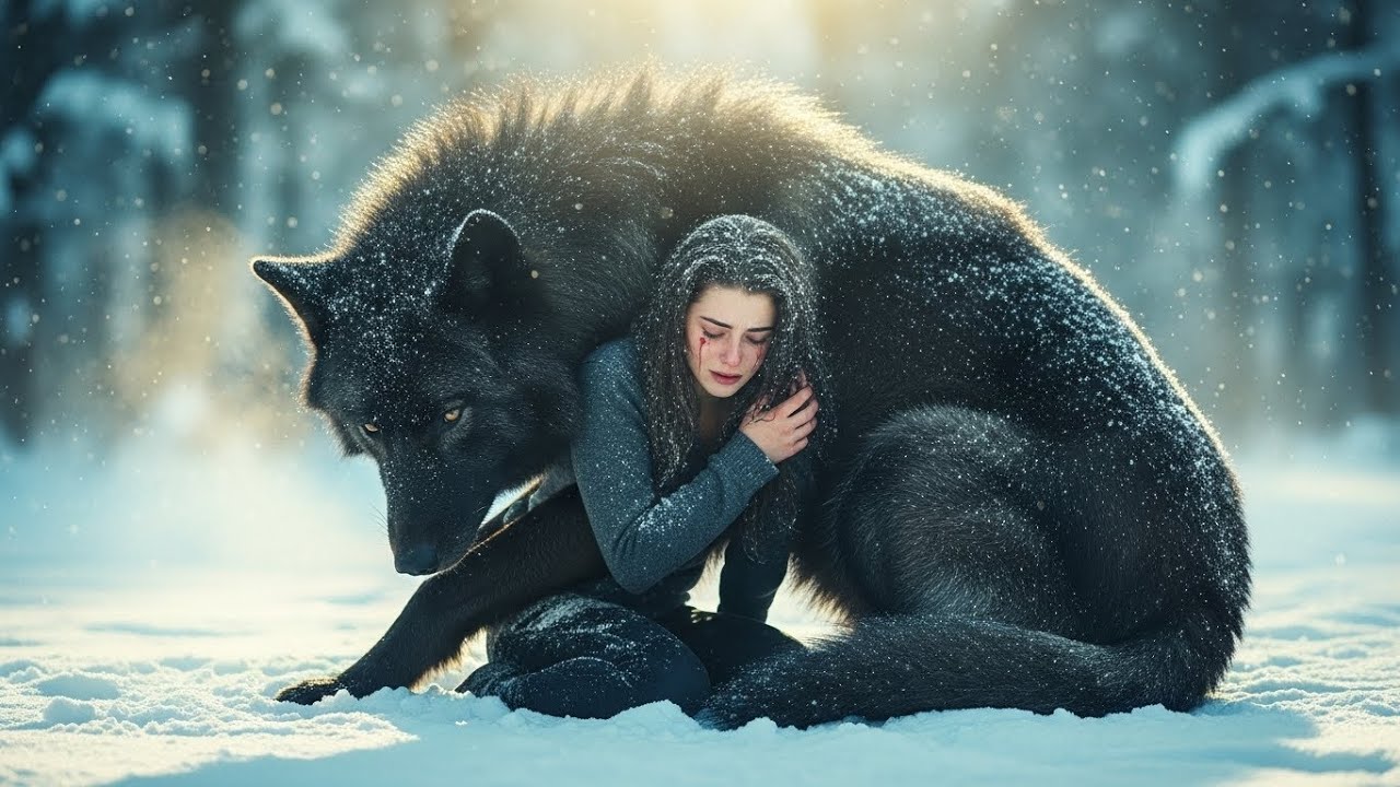 Ea s-a prăbușit în zăpadă după respingere—un lup negru uriaș s-a ghemuit lângă ea ca s-o încălzească