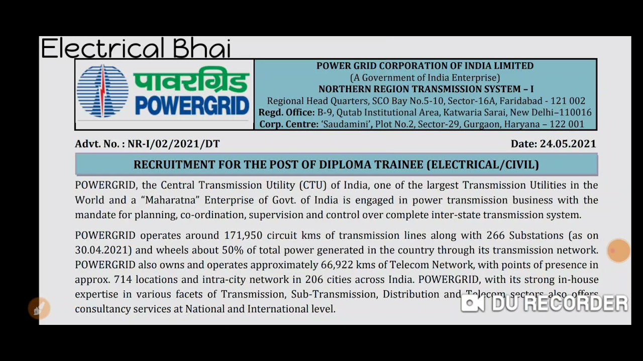 || New Recruitment Of PGCIL 2021|| Only for Diploma electrical and civil students.