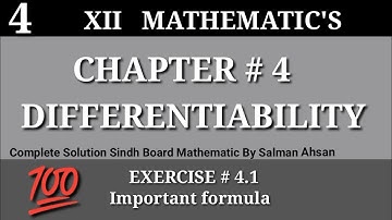 4||Chapter 4 Exercise 4.1 imp Formula Differentiability Class 12 Sindh Board Maths Second year 💯📖🎒